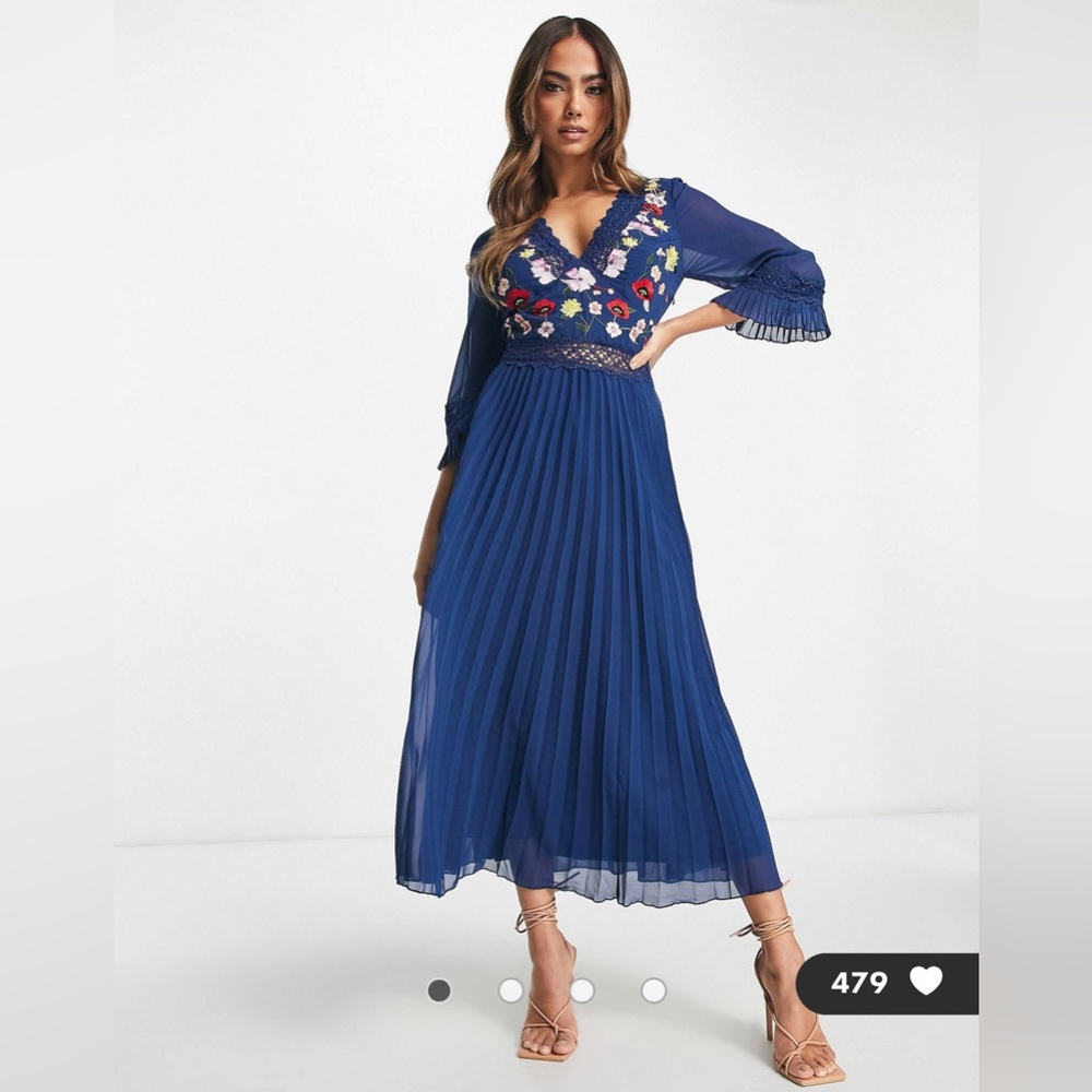 ASOS DESIGN lace insert pleated midi dress with embroidery in navy